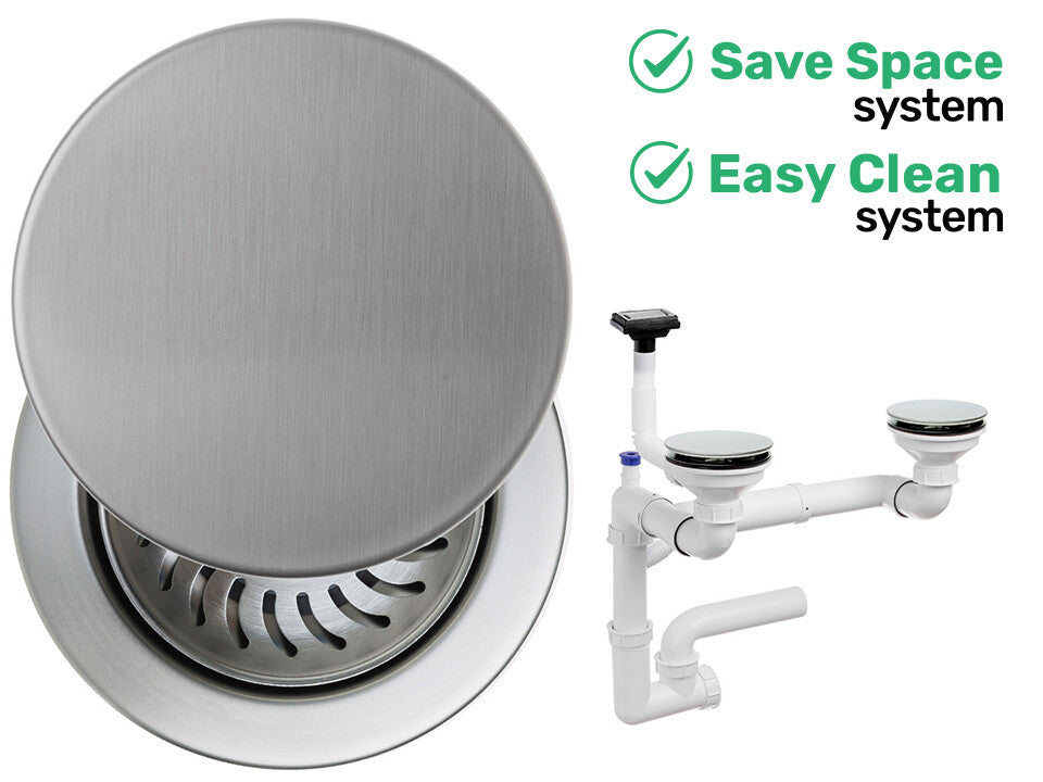 Sifon Save Space + Easy Clean pentru două cuve, cu mască — preaplin vertical (control manual)