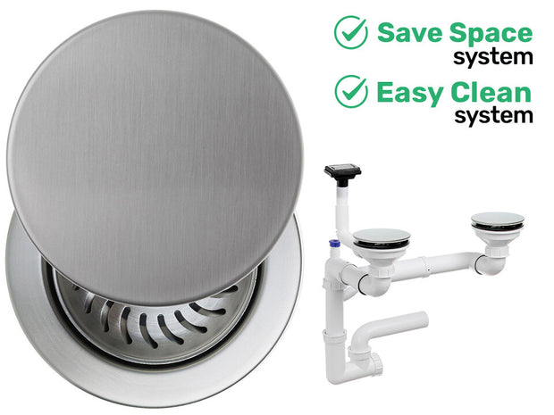 Sifon Save Space + Easy Clean pentru două cuve, cu mască — preaplin vertical (control manual)