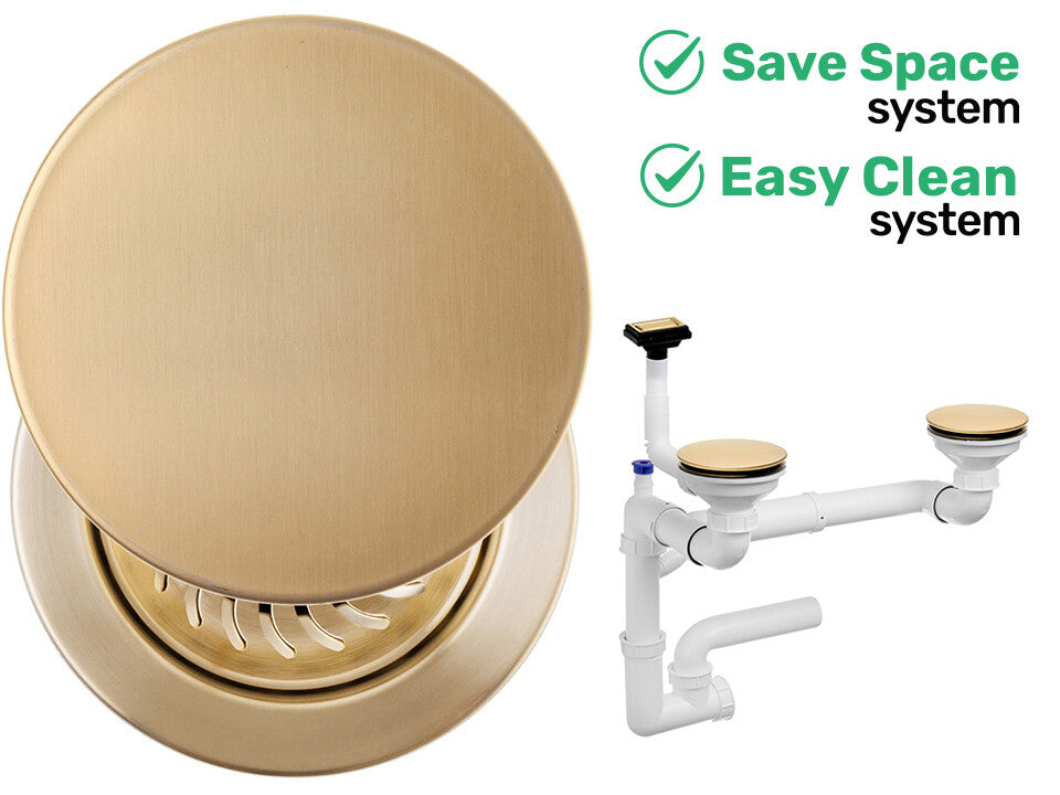 Sifon Save Space + Easy Clean pentru două cuve, cu mască — preaplin vertical (control manual)