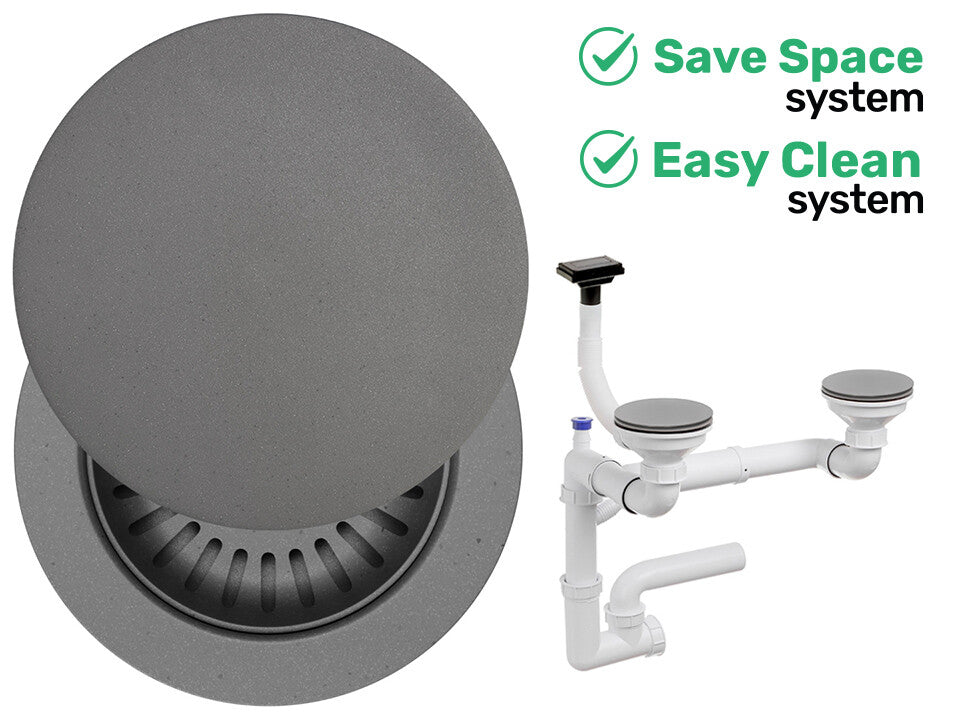 Sifon Save Space + Easy Clean pentru două cuve, cu mască — preaplin vertical (control manual)