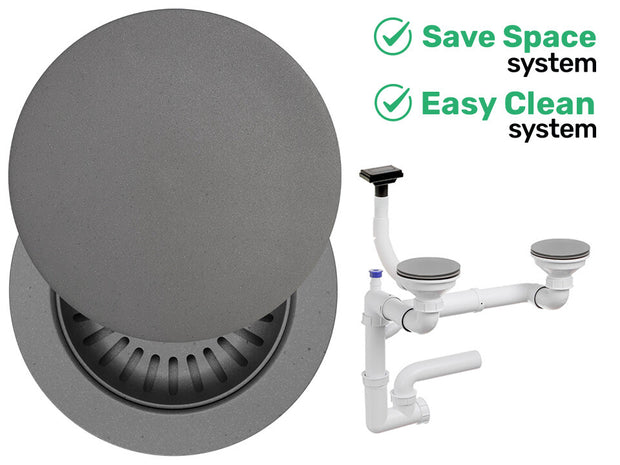 Sifon Save Space + Easy Clean pentru două cuve, cu mască — preaplin vertical (control manual)