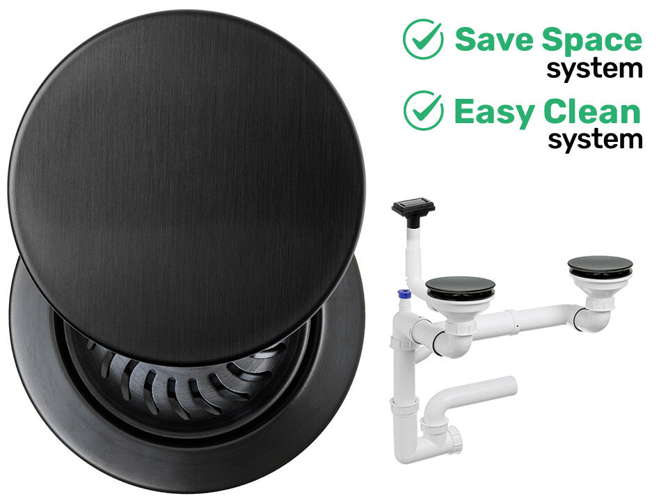 Sifon Save Space + Easy Clean pentru două cuve, cu mască — preaplin vertical (control manual)