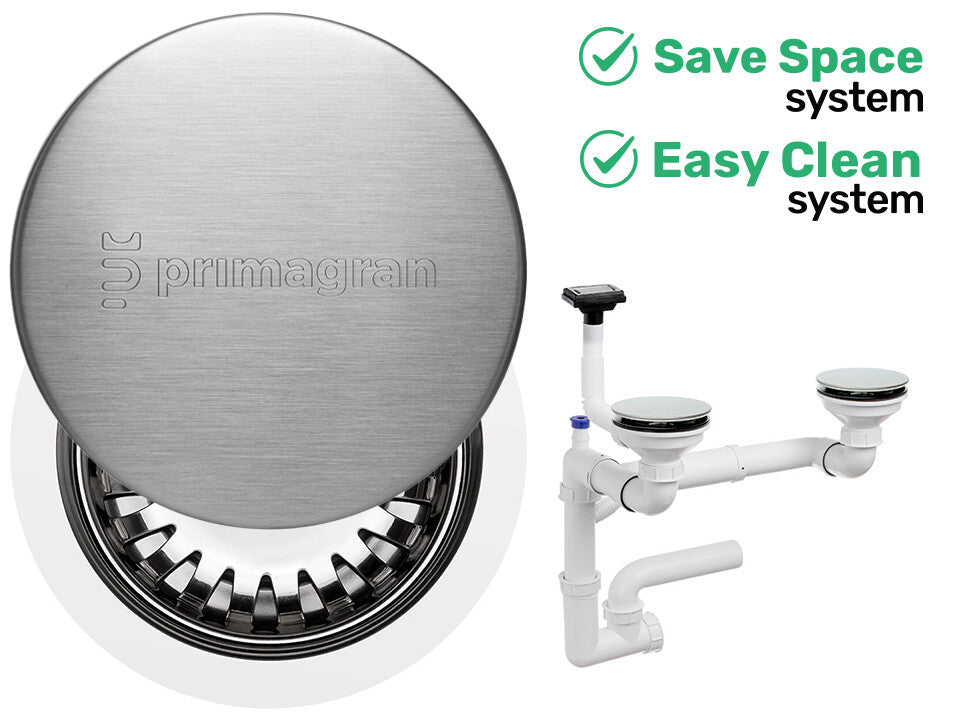 Sifon Save Space + Easy Clean pentru două cuve, cu mască — preaplin vertical (control manual)