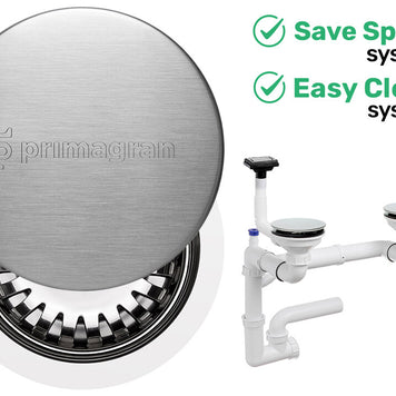 Sifon Save Space + Easy Clean pentru două cuve, cu mască — preaplin vertical (control manual)