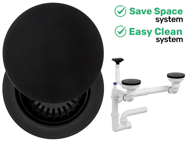 Sifon Save Space + Easy Clean pentru două cuve, cu mască — preaplin vertical (control manual)