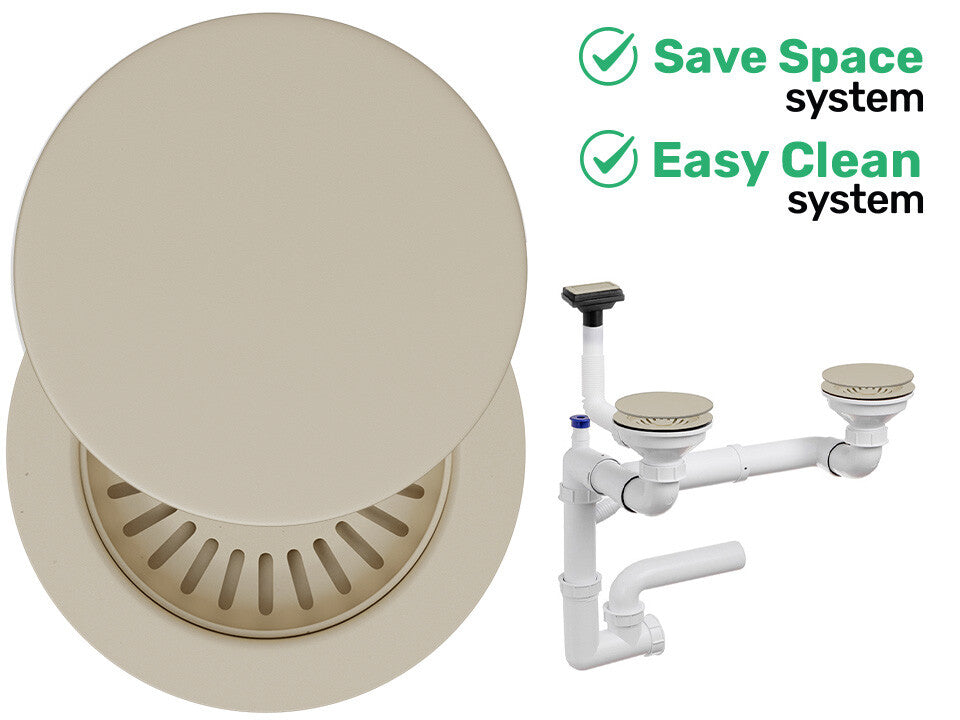 Sifon Save Space + Easy Clean pentru două cuve, cu mască — preaplin vertical (control manual)