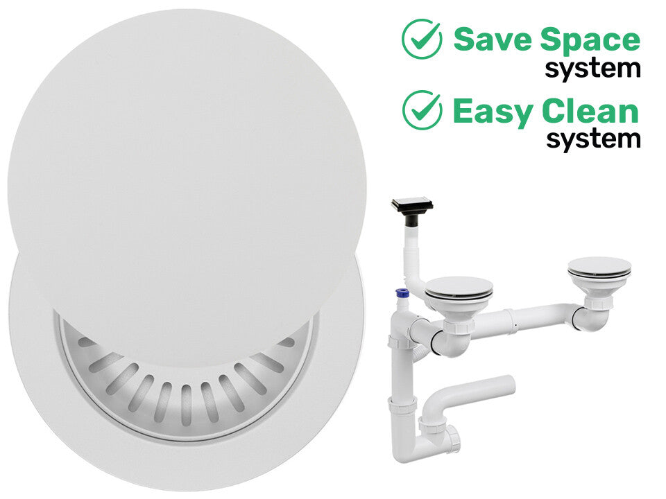 Sifon Save Space + Easy Clean pentru două cuve, cu mască — preaplin vertical (control manual)