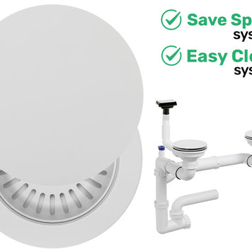 Sifon Save Space + Easy Clean pentru două cuve, cu mască — preaplin vertical (control manual)