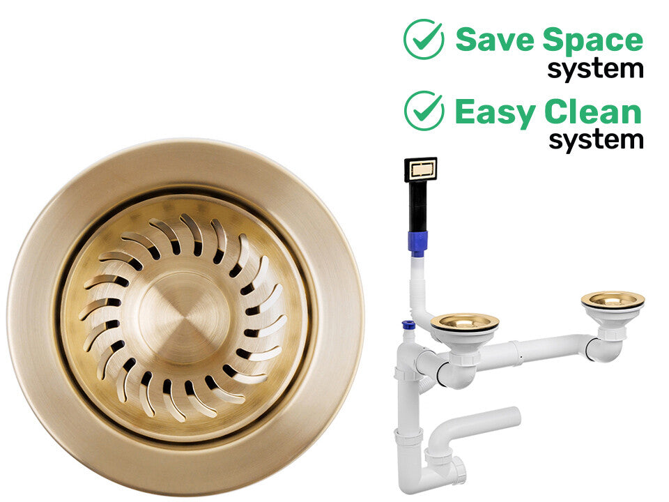 Sifon Save Space + Easy Clean cu preaplin dreptunghiular — control manual, pentru chiuvete 1.5–2 cuve