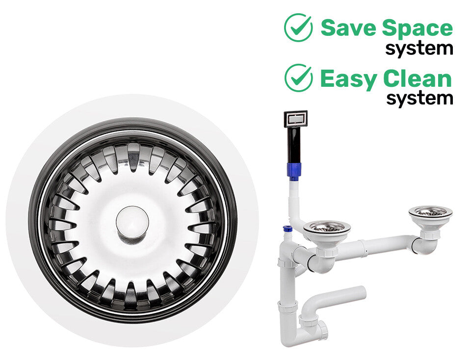 Sifon Save Space + Easy Clean cu preaplin dreptunghiular — control manual, pentru chiuvete 1.5–2 cuve