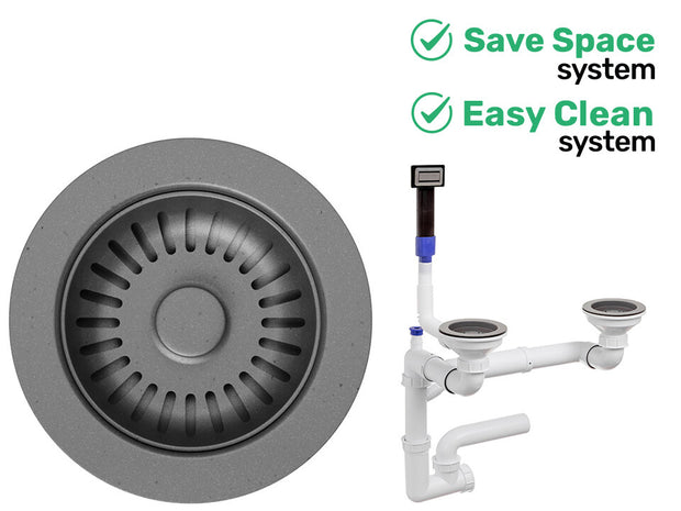 Sifon Save Space + Easy Clean cu preaplin dreptunghiular — control manual, pentru chiuvete 1.5–2 cuve