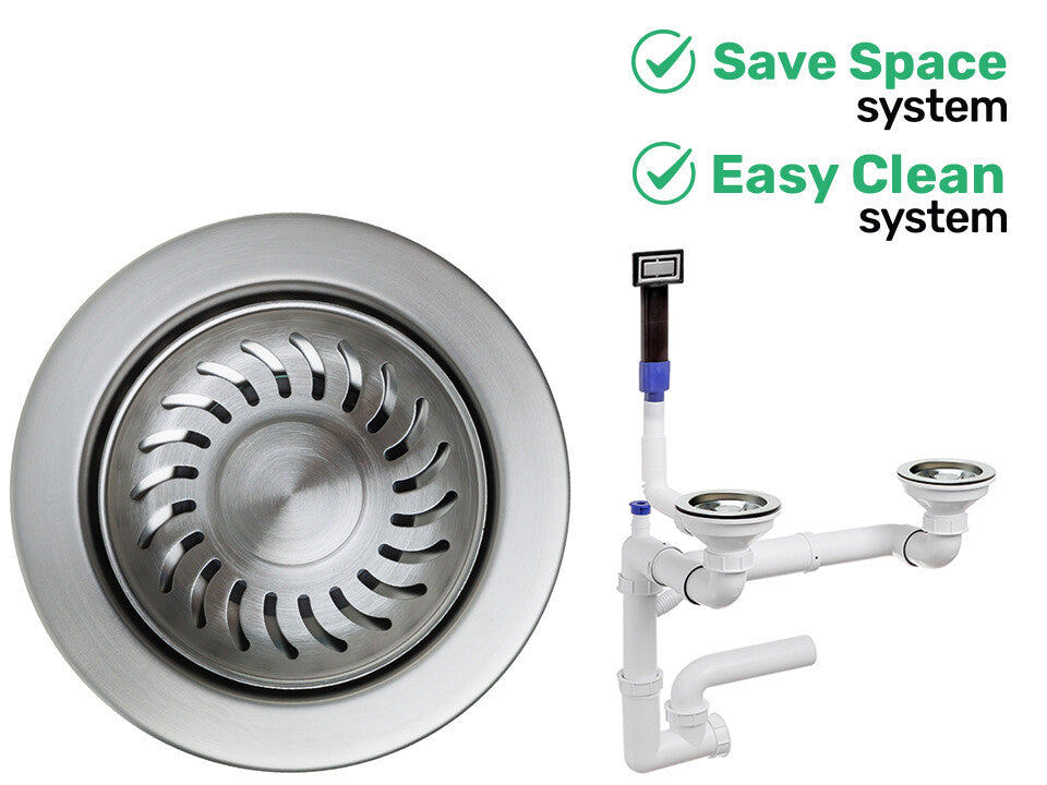 Sifon Save Space + Easy Clean cu preaplin dreptunghiular — control manual, pentru chiuvete 1.5–2 cuve