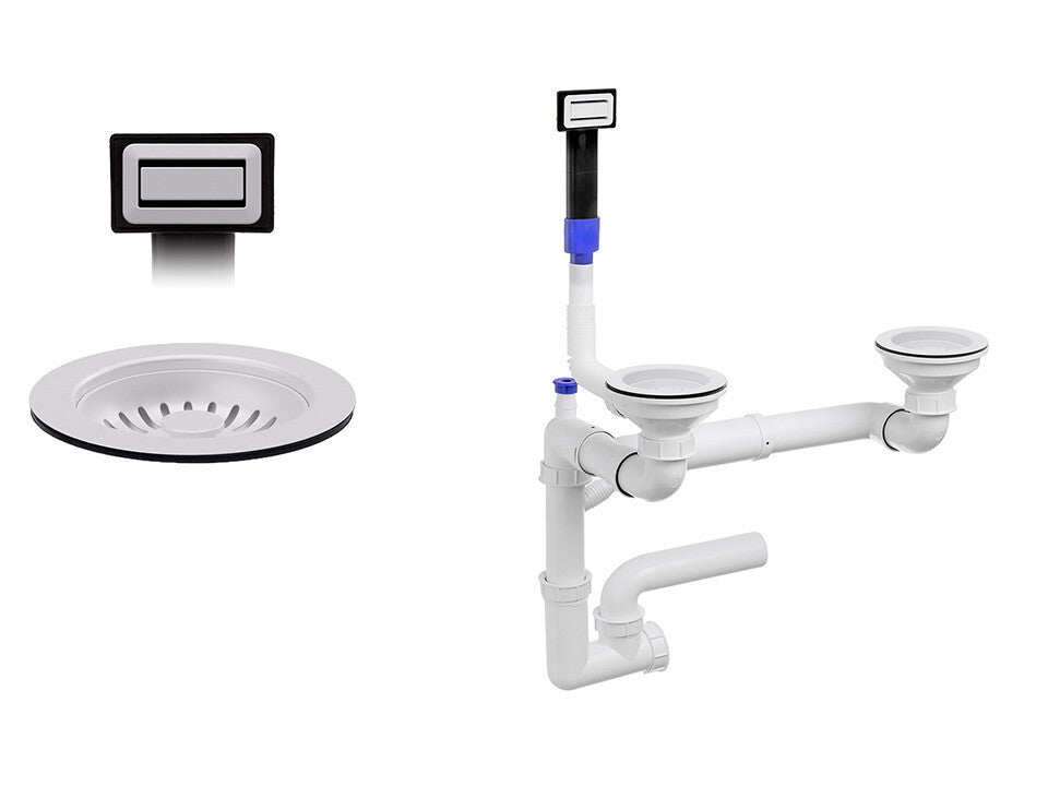 Sifon Save Space + Easy Clean cu preaplin dreptunghiular — control manual, pentru chiuvete 1.5–2 cuve