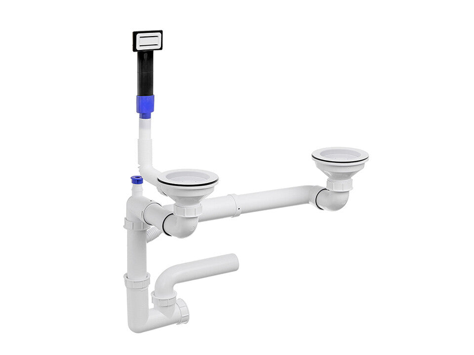 Sifon Save Space + Easy Clean cu preaplin dreptunghiular — control manual, pentru chiuvete 1.5–2 cuve