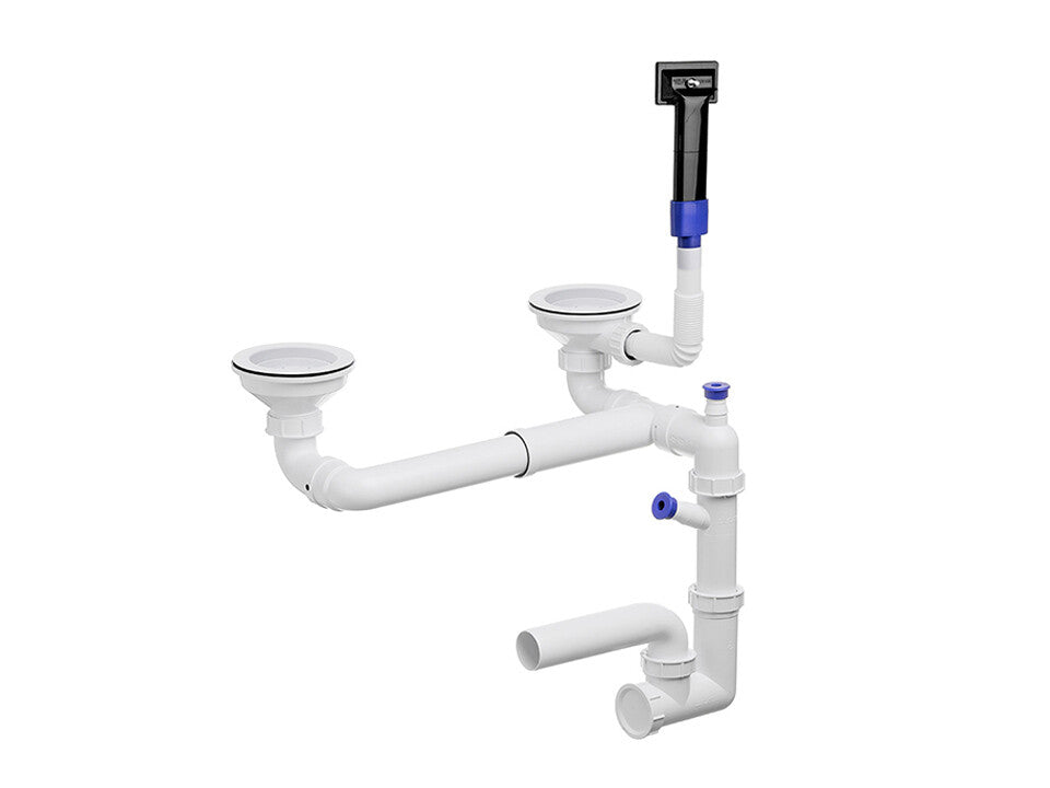 Sifon Save Space + Easy Clean cu preaplin dreptunghiular — control manual, pentru chiuvete 1.5–2 cuve