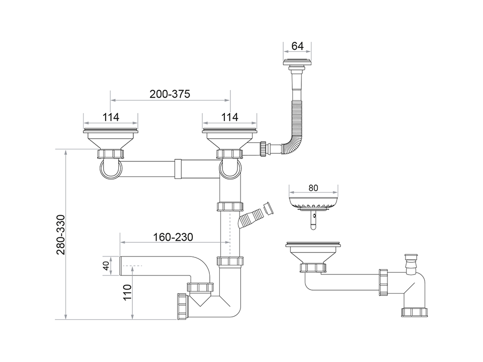 Sifon Save Space + Easy Clean pentru două cuve (manual), cu preaplin vertical