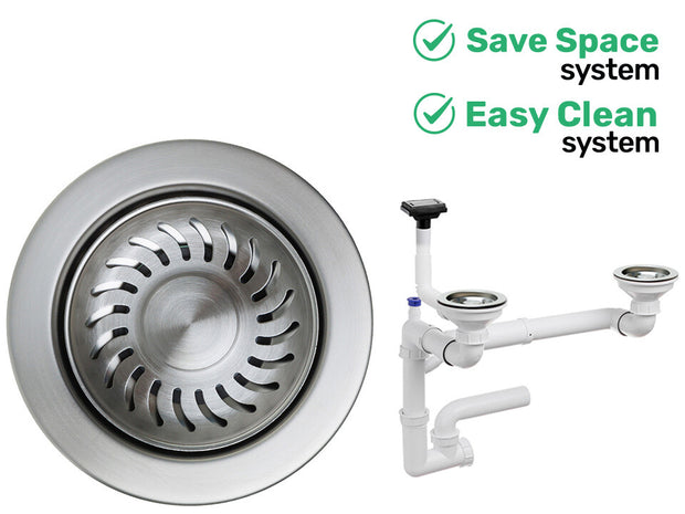 Sifon Save Space + Easy Clean pentru două cuve (manual), cu preaplin vertical