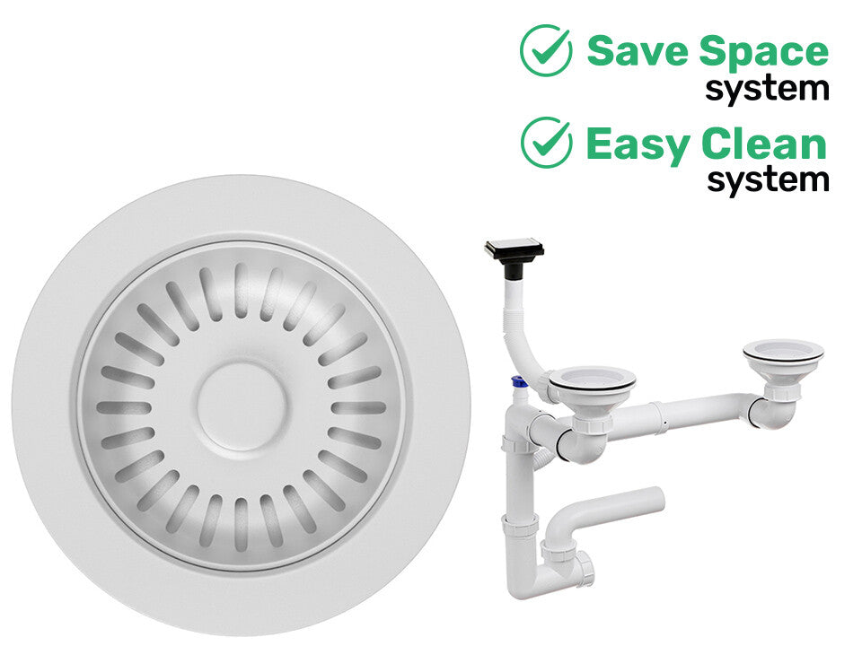 Sifon Save Space + Easy Clean pentru două cuve, cu mască — preaplin vertical (control manual)