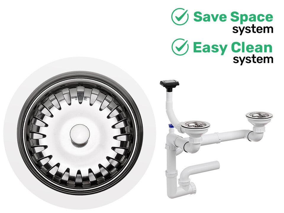 Sifon Save Space + Easy Clean pentru două cuve (manual), cu preaplin vertical