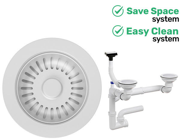 Sifon Save Space + Easy Clean pentru două cuve (manual), cu preaplin vertical