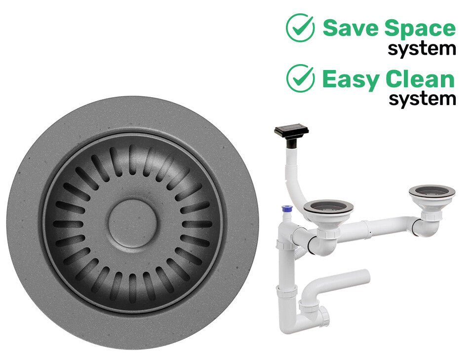 Sifon Save Space + Easy Clean pentru două cuve (manual), cu preaplin vertical